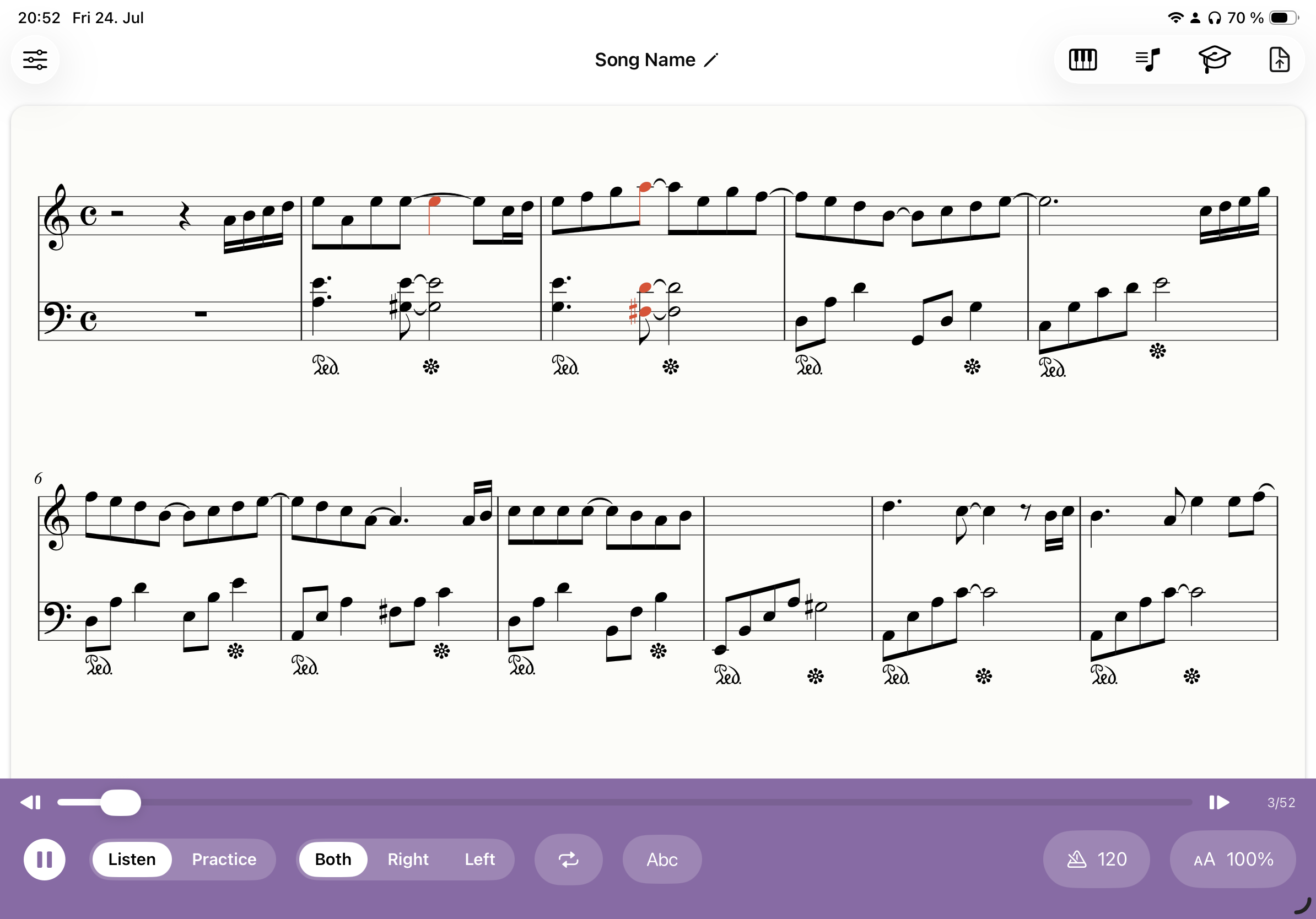 Klavia Listen mode: engraved sheet music with a moving cursor following the notes