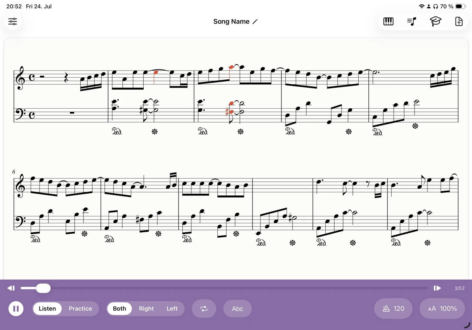A MusicXML score opened in Klavia on iPad and engraved as clean notation with a playback cursor