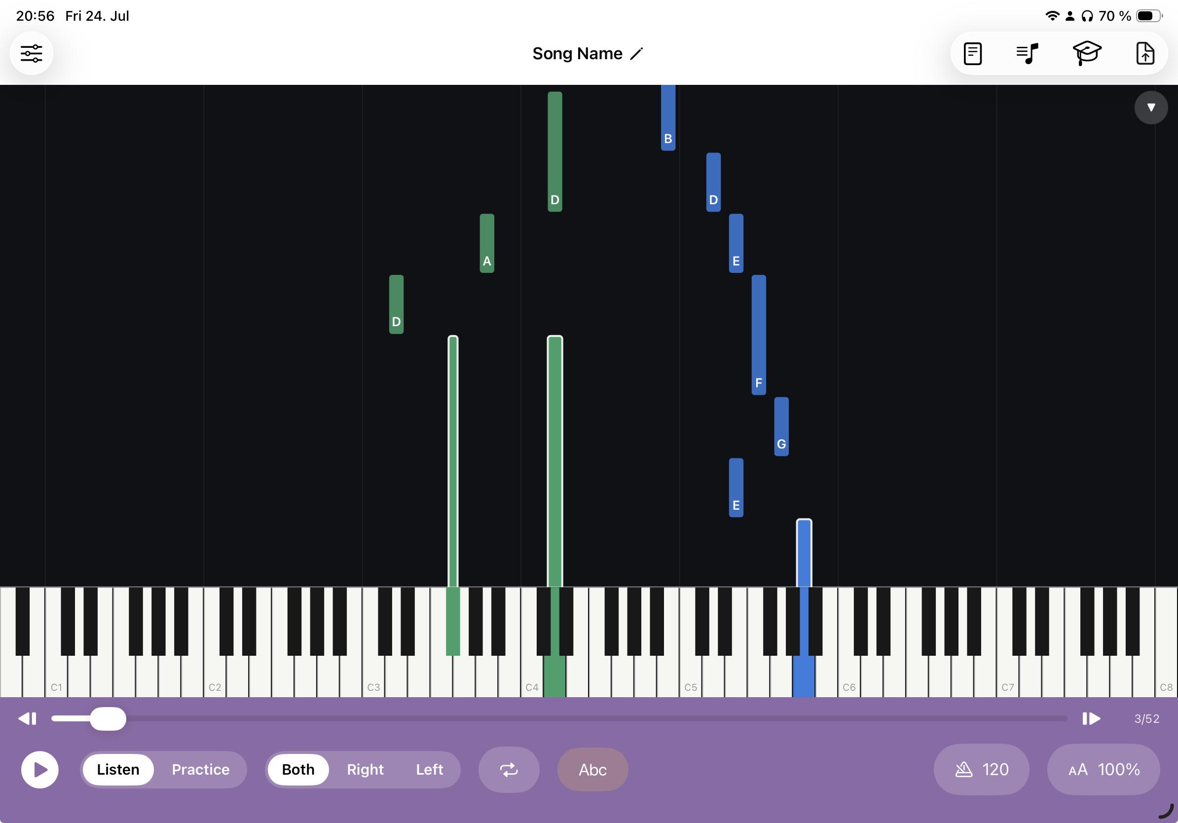 Synthesia-style falling notes dropping onto an 88-key keyboard