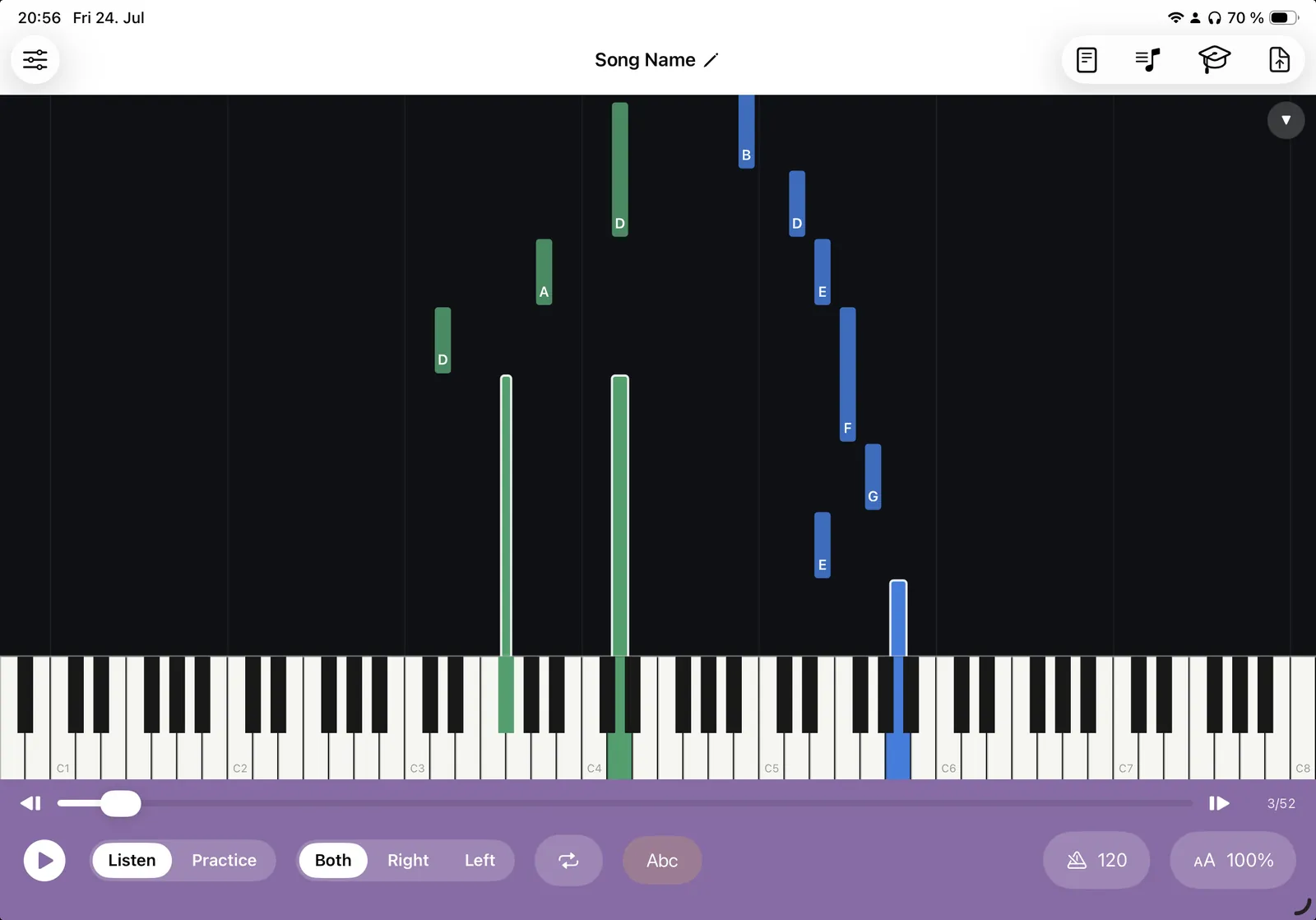 Synthesia-style falling notes dropping onto an 88-key keyboard in Klavia on iPad