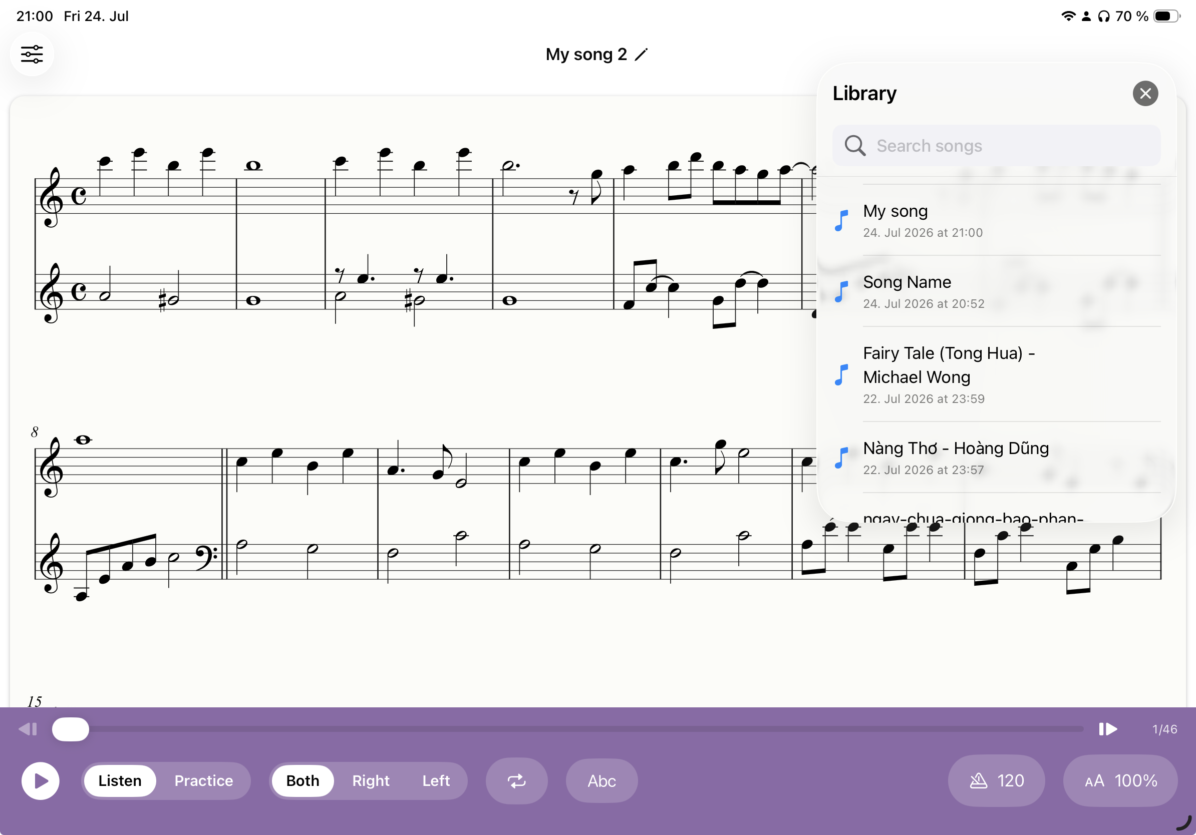 Klavia library showing several uploaded songs and a bar-range loop selection
