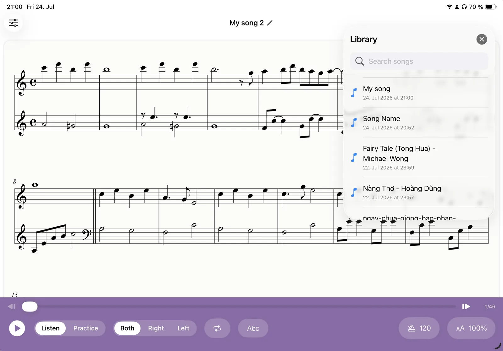 The Klavia library showing several imported pieces of the user's own sheet music, with a bar-range loop selected