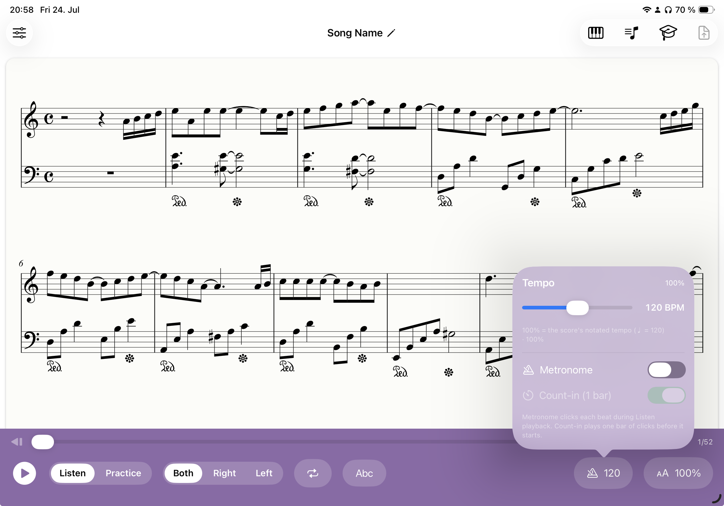 Klavia tempo popover with a BPM slider, metronome and count-in toggles