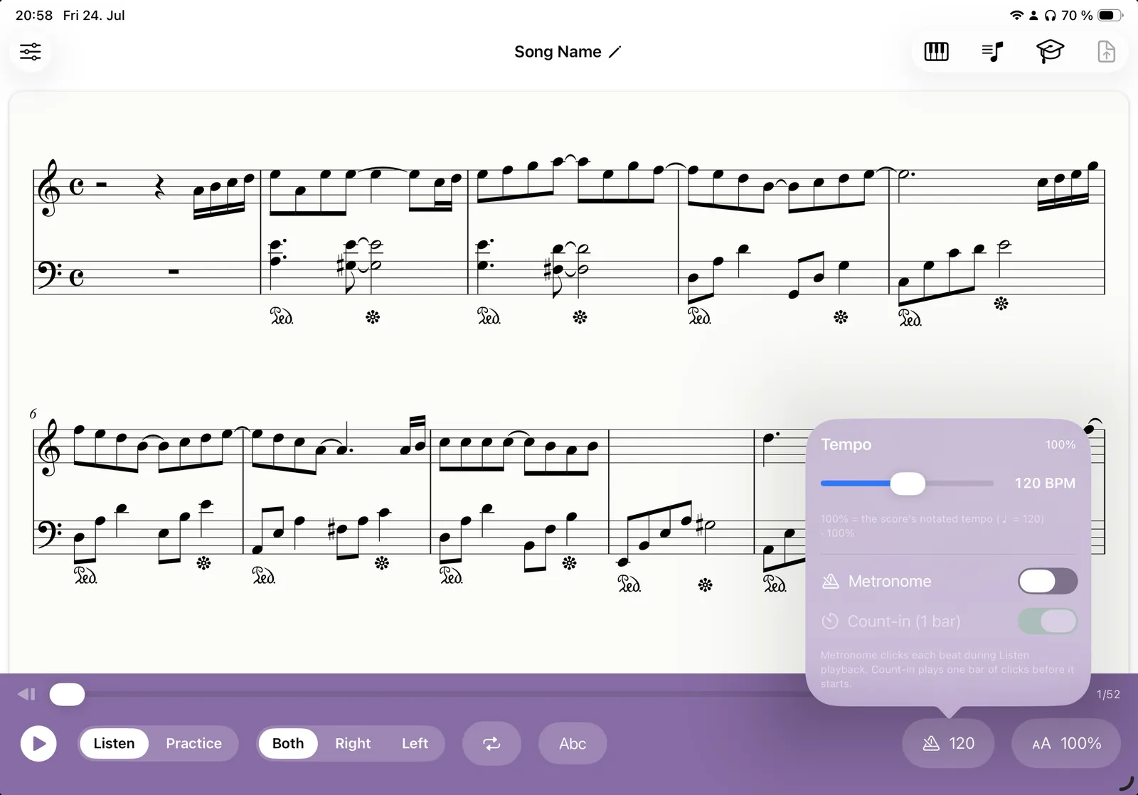 Klavia on iPad showing an engraved score with the tempo popover open, BPM slider, metronome and count-in toggles
