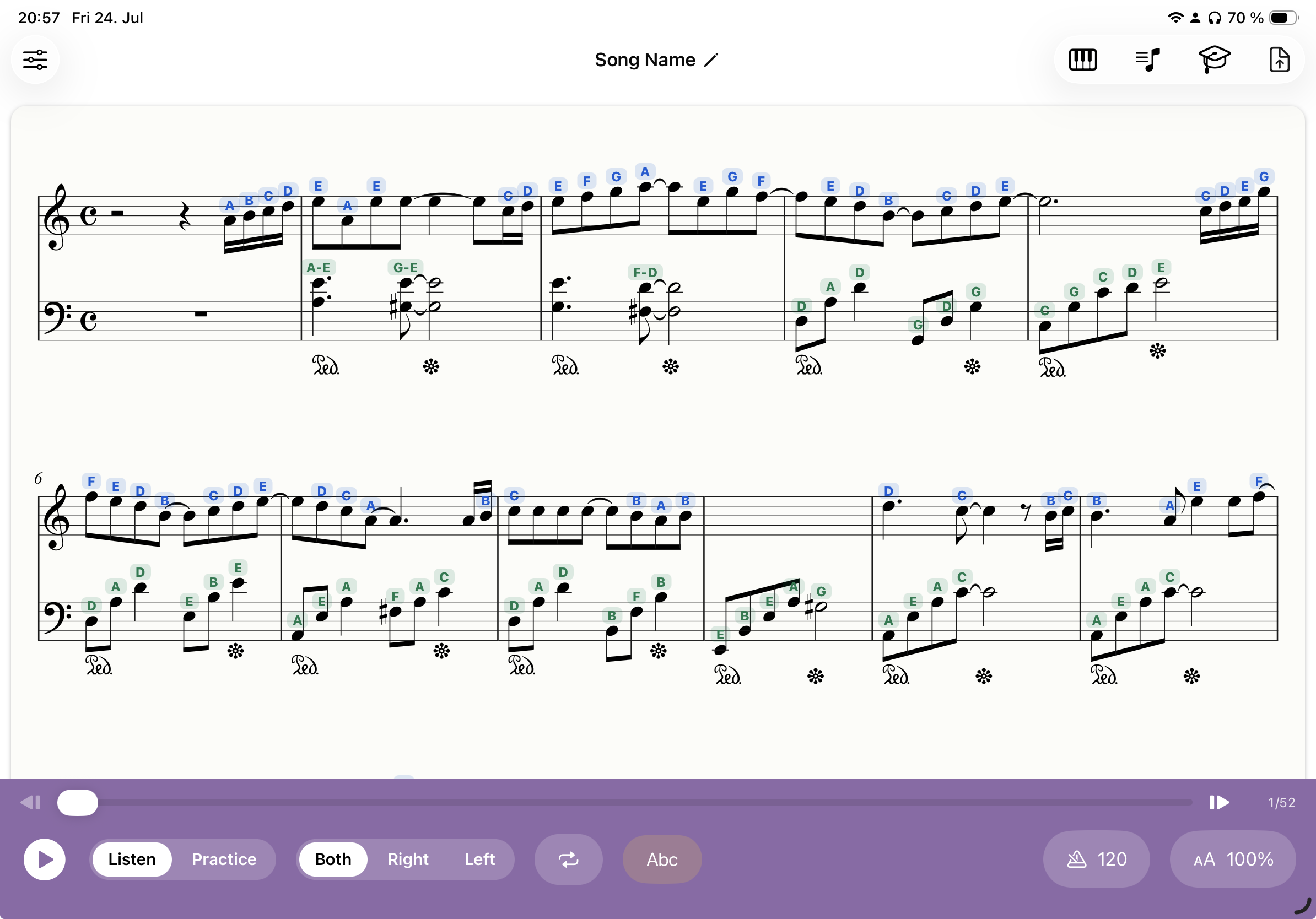 Sheet music with note-name letter labels above each note, colour-coded by hand