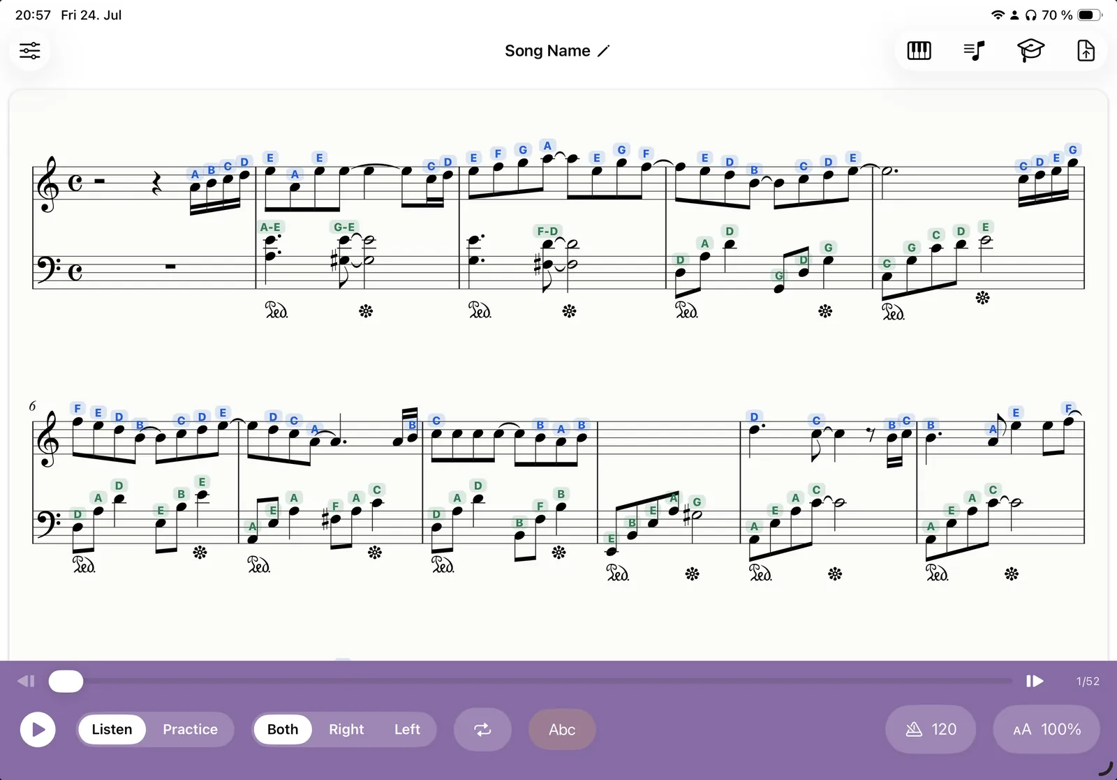 Sheet music in Klavia with note-name letter labels above each note, blue for the right hand and green for the left