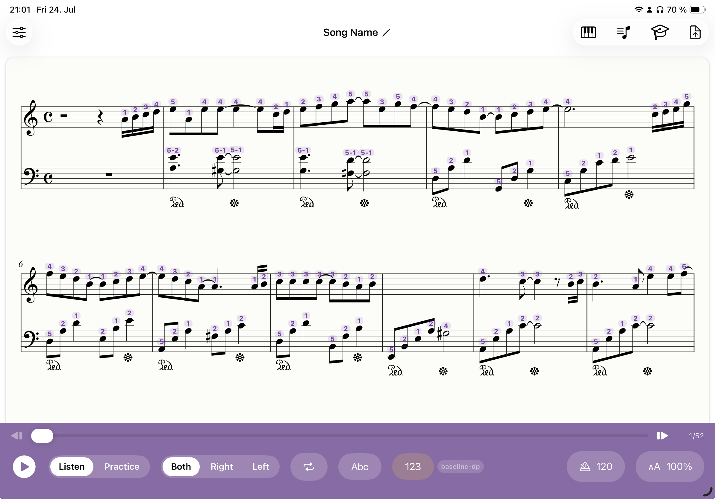Klavia sheet music with smart fingering numbers 1–5 above each note
