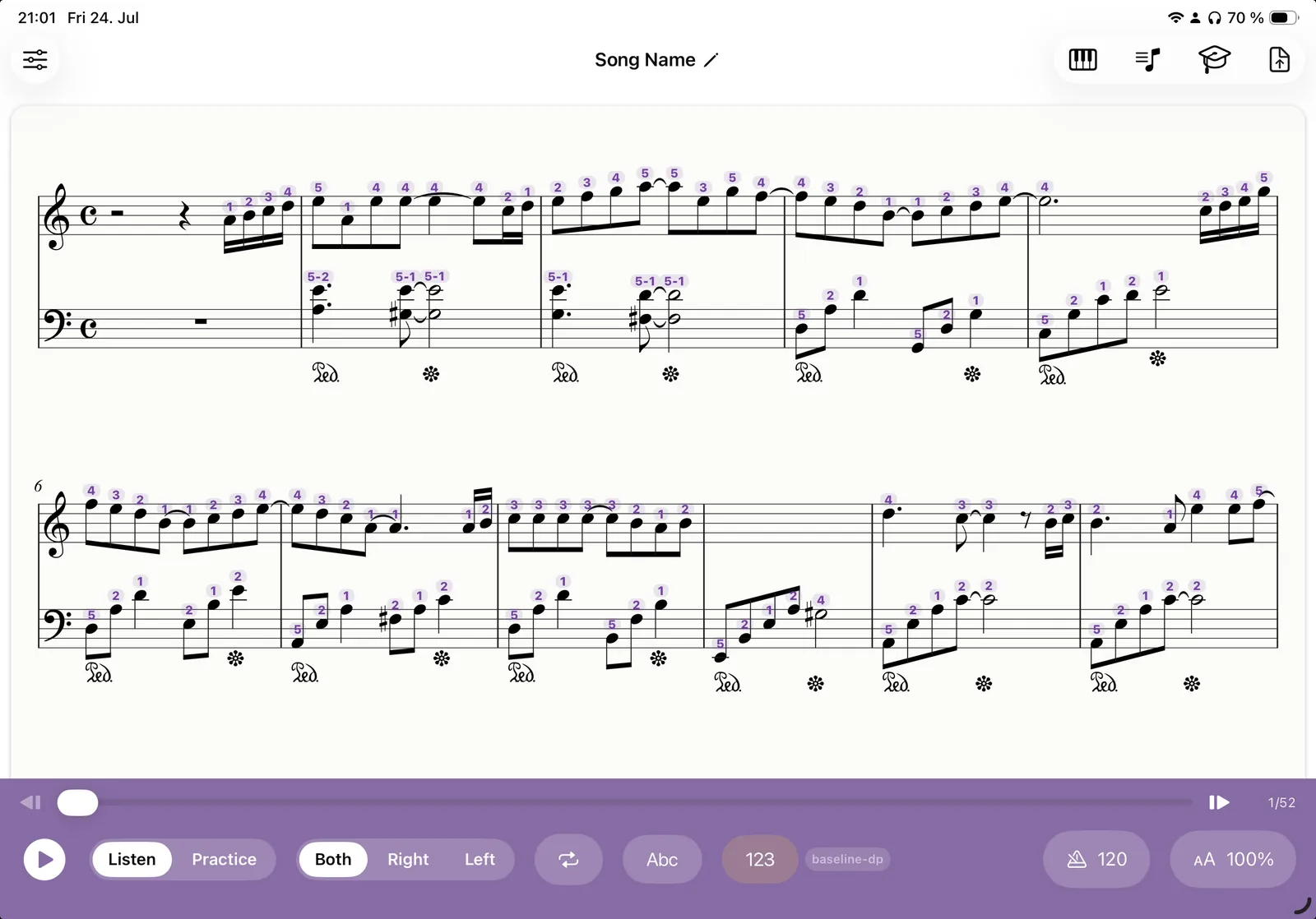Klavia sheet music with smart fingering numbers 1 to 5 above each note