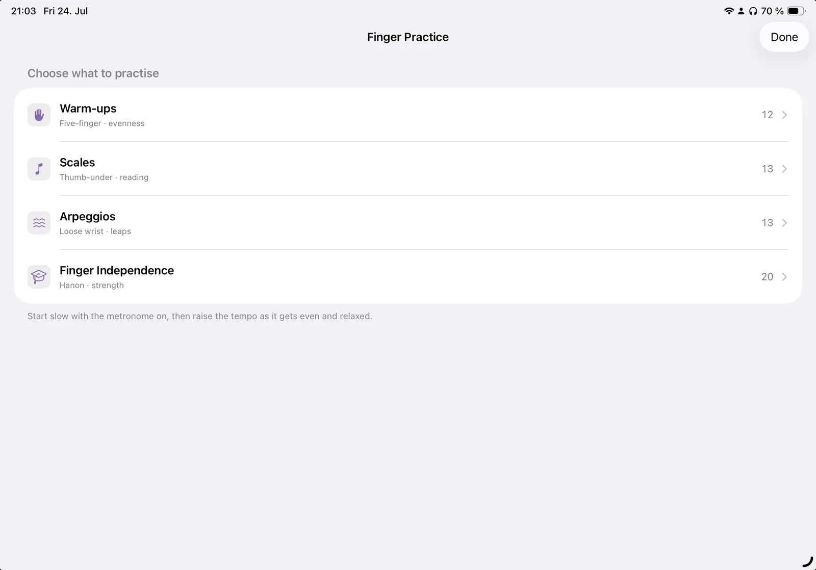 Klavia practice view on iPad with the next note highlighted, waiting for the player to press the right key